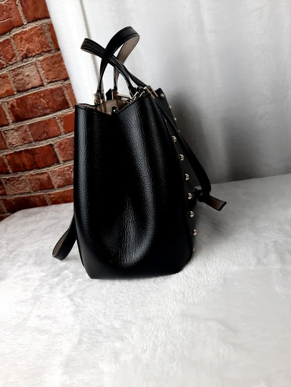 kate spade Black Leather Studded Satchel with Gold Hardware